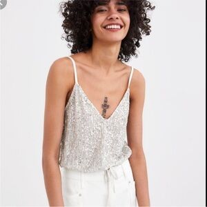 Zara | Silver sequin sheer cropped tank top